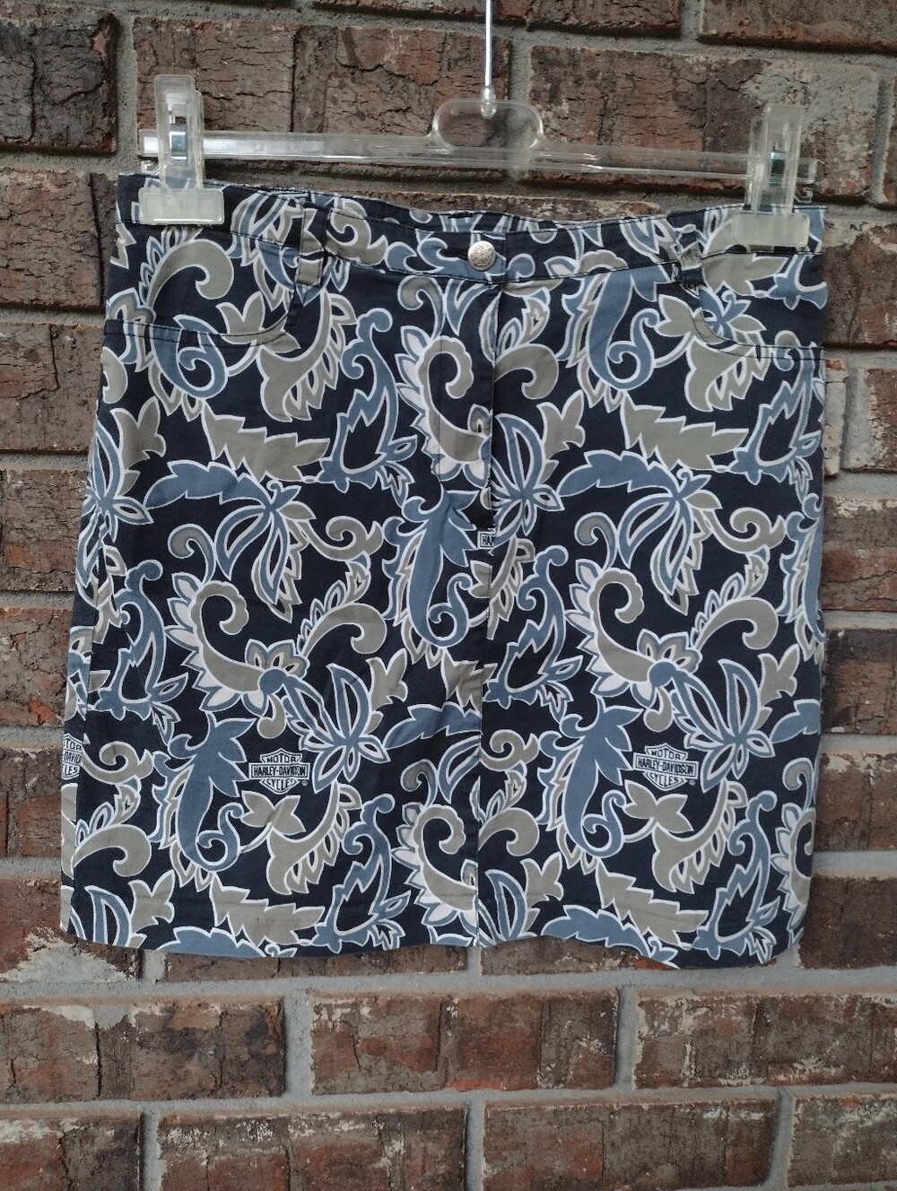 Harley Davidson Skirt Tori Richard Womens 8 Blue Tan Floral Zip Front Logo Biker